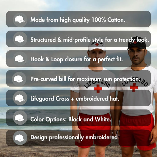 LIFEGUARD + CROSS Baseball Hat | Structured Life Guard Red White Cross Beach Rescue Watch Pool Safety Duty Uniform Cap