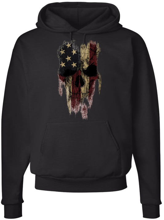 Patriotic Skull American Flag Printed Hoodie | Distressed USA Reaper Punisher Style Graphic Sweatshirt, Black