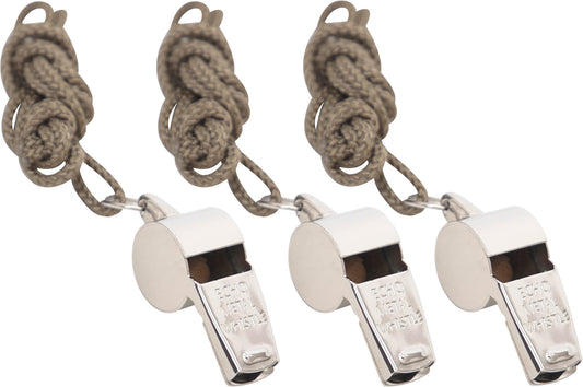 Police Whistle Echo Metal Loud Sound with Lanyard | GI Style Military Brass or Silver Army Whistles | 3-Pack