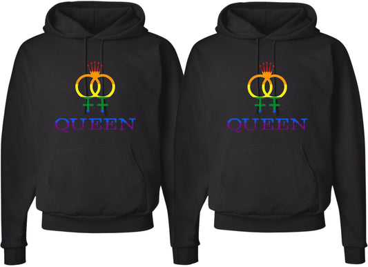 Queen & Queen Printed Hoodies Adult Lesbian Gay Pride Hooded Sweatshirts for Gay Couples (2 Pack)