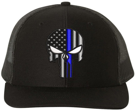 USA Flag Skull Punisher Embroidered Trucker Hat | Thin Blue Line or Thin Red Line American Baseball Cap