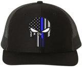 USA Flag Skull Punisher Embroidered Trucker Hat | Thin Blue Line or Thin Red Line American Baseball Cap