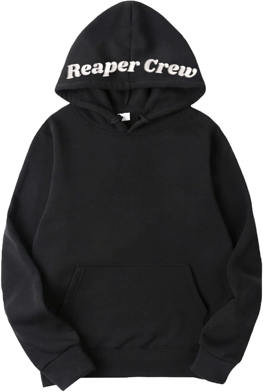 Reaper Crew Embroidered Hoodie Grim Reaper Hood Design Unisex Hooded Sweatshirt, Black