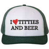 I Heart Titties & Beer Embroidered Trucker Cap Funny Love Boobs and Drinking Mesh & Snap Back Hat