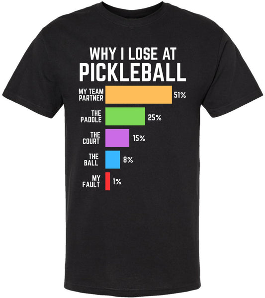 Why I Lose at Pickleball T-Shirt – Funny Doubles Player Humor for Men & Women – 100% Cotton Graphic Tee