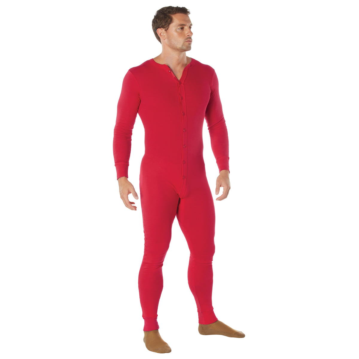 Red Cotton Union Suit Classic One-Piece Thermal Long Johns with Rear Flap
