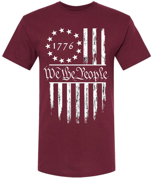 We The People 1776 USA Flag T-Shirt - Long Center Print American Distressed US Flags Patriots Tee Shirt