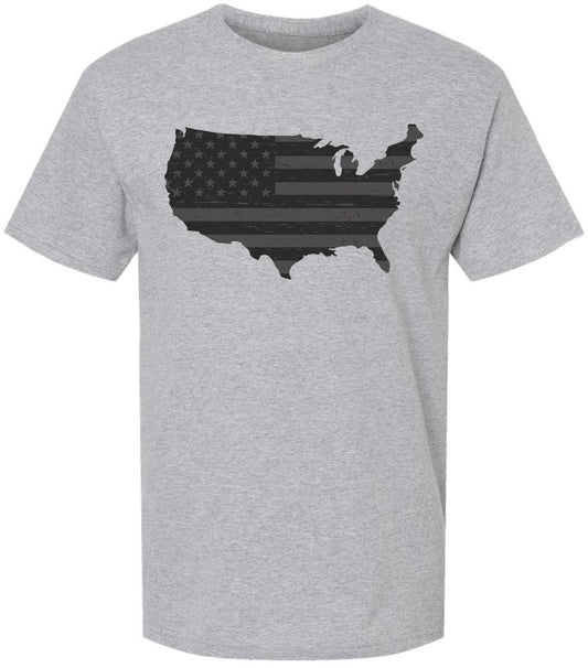 American Flag Distressed USA Map Printed T-Shirt | US Outline Graphic Tee | 100% Cotton Crewneck