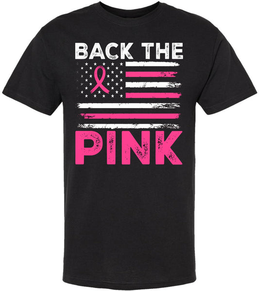 US Flag Back The Pink Breast Cancer Ribbon T-Shirt | USA Awareness & Support Unisex Tee Shirt, Black