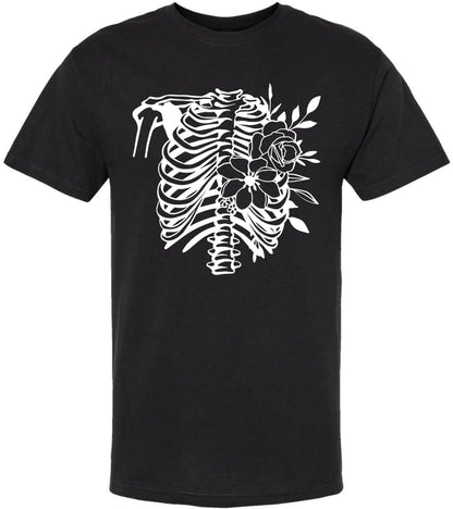 Anatomical Rib Cage & Floral T-Shirt | Gothic Skeleton & Flowers Tee Short Sleeve Halloween Party Shirt