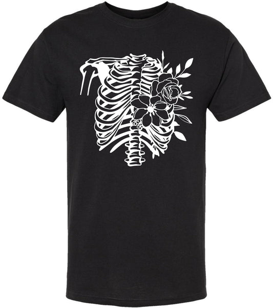 Anatomical Rib Cage & Floral T-Shirt | Gothic Skeleton & Flowers Tee Short Sleeve Halloween Party Shirt