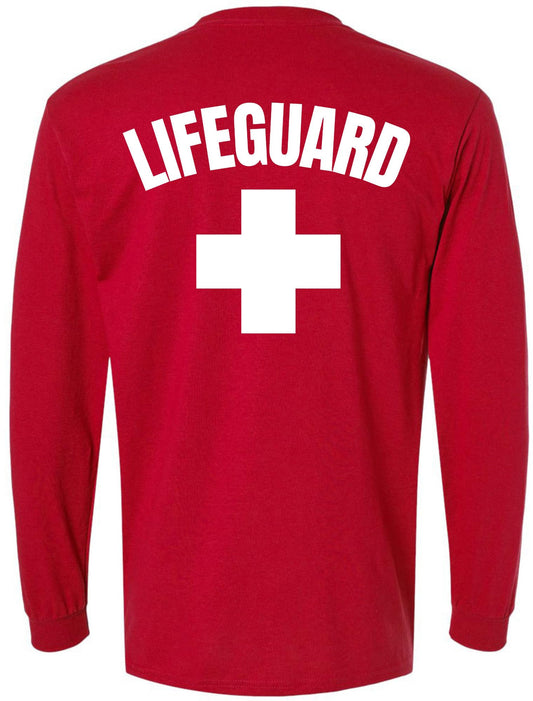 Lifeguard + White Cross Long Sleeve T-Shirt | Double Side Print Water Safety Rescue Watch Beach Pool Patrol Tee