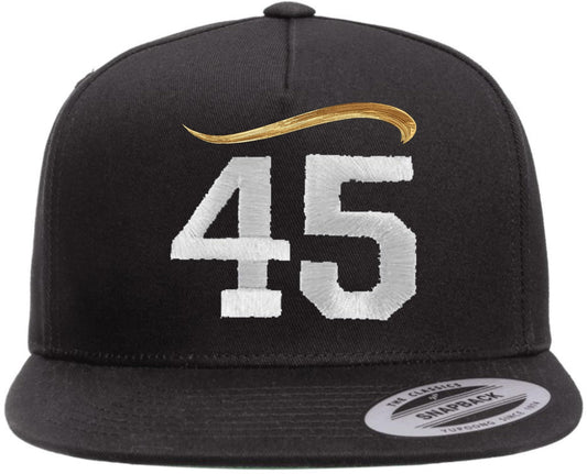 45th President Hair Embroidered Flat Bill Snapback Cap | Trump Supporters Adjustable Slick Hat