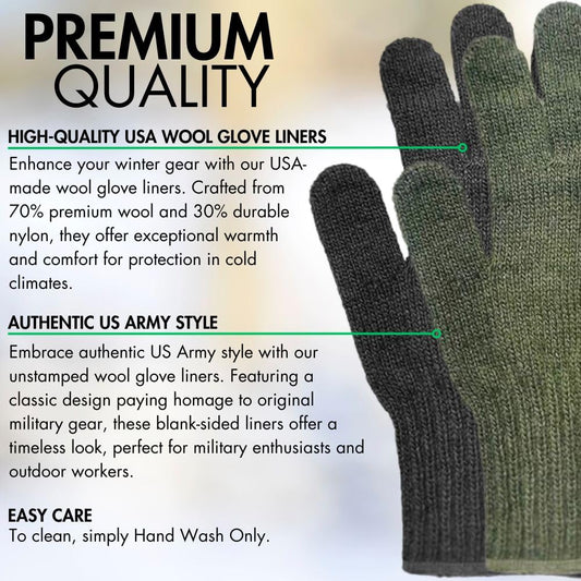 Wool Blend Glove Liners | Unstamped Blank Genuine GI USA Made Army Gloves Liner