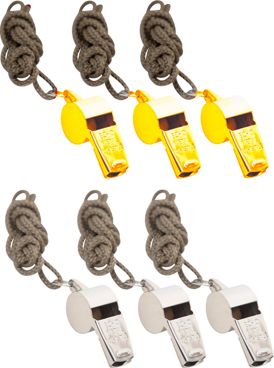 Police Whistle Echo Metal Loud Sound with Lanyard | GI Style Military Brass or Silver Army Whistles | 3-Pack