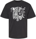Anatomical Rib Cage & Floral T-Shirt Gothic Skeleton & Flowers Graphic Tee | Short Sleeve Fun Shirt for Kids, Black