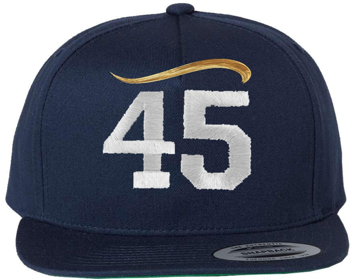 45th President Hair Embroidered Flat Bill Snapback Cap | Trump Supporters Adjustable Slick Hat
