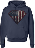 Patriotic American Super Flag Shield Printed Hoodie | Distressed USA Pullover Cool Superhero Sweatshirt