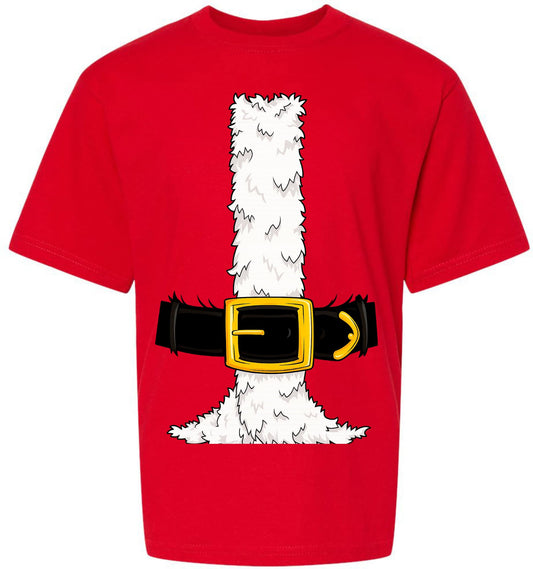 Santa Claus Costume Graphic T-Shirt | Printed Santas Belt & Fur Jacket Tee | Funny Christmas Holiday Party Top (Youth)