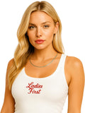 Ladies First Embroidered Micro-Rib Racer Tank Top | Casual Heavyweight Sleeveless Cool Sexy Shirt, White