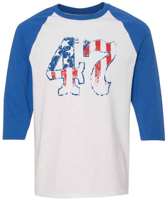 47 USA Flag Distressed Baseball 3/4 Raglan T-Shirt Support 47th President Trump Vintage Tee, White/Royal