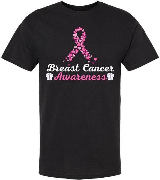 Breast Cancer Awareness Heart Love Ribbon T-Shirt | Crewneck Short Sleeve Unisex Tee, Black