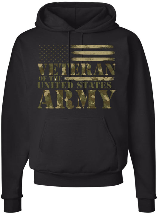 Veteran of the United States Army Hoodie Patriotic Military Camo Graphic Pullover Sweatshirt for Men & Women, Black