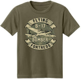 Flying Fortress B17 Bomber Jet Kids T-Shirt | USA Airplane Army B-17 100% Cotton Youth Tee Shirt, Military Green