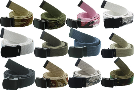 ARMYU Military Web Belt Reversible Cotton Canvas Army Camo & Solid Belts with Black Buckle 54"