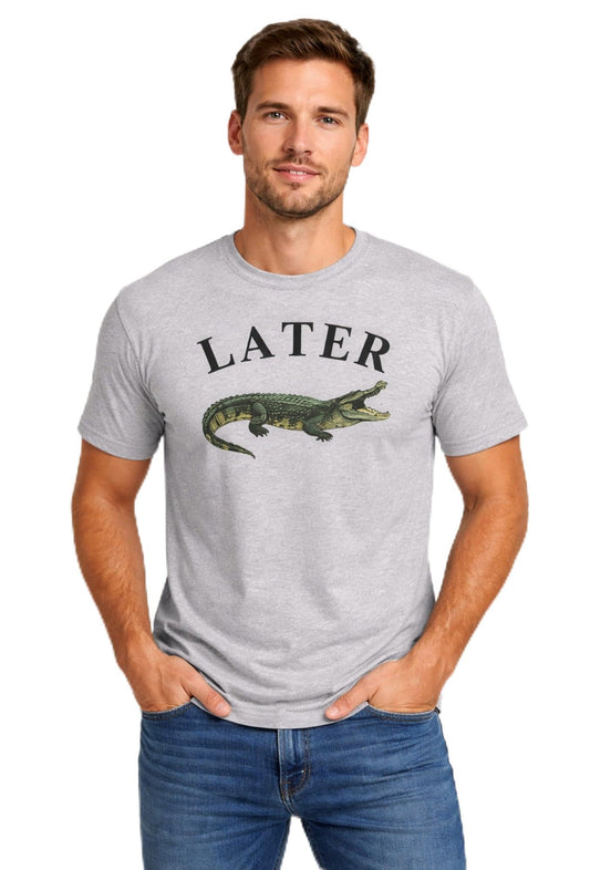 Later Alligator Printed T-Shirt Funny Animal Retro Graphic 100% Cotton Crewneck Tee