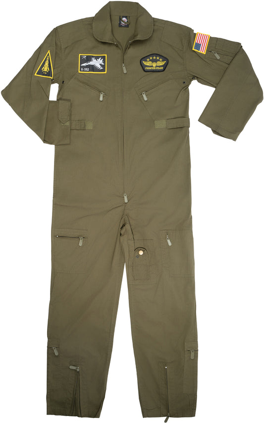 Olive Drab - Kids Top Gun Flight Coveralls with Patches