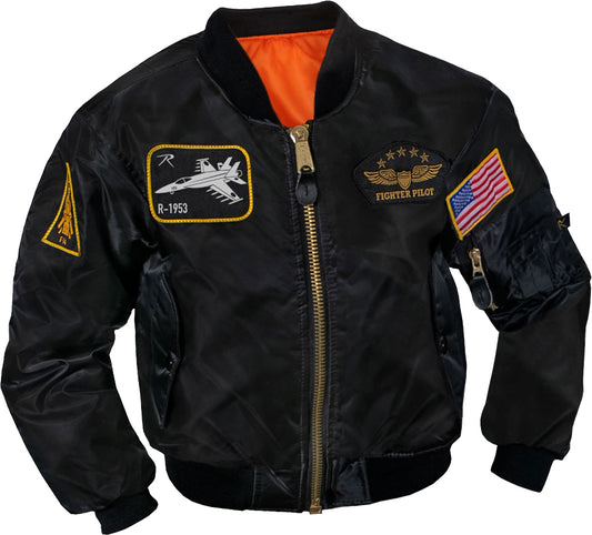 Black - Air Force MA-1 Bomber Flight Jacket with Top Gun Patches - Kid's