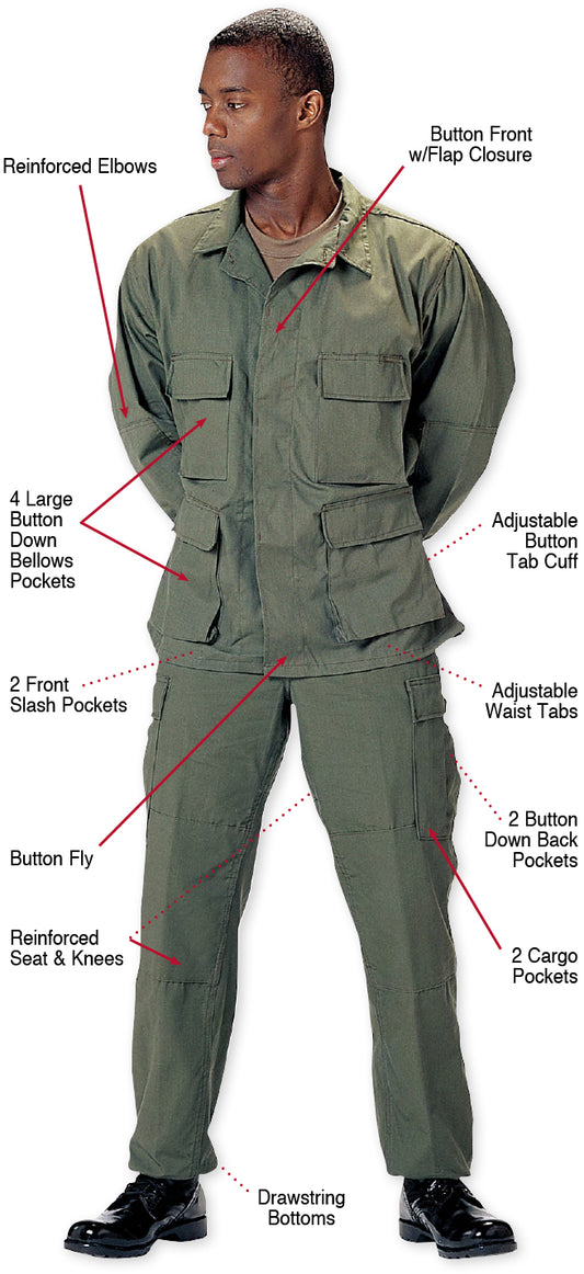 Olive Drab - Tactical BDU Pants Cargo Fatigues - Poly/Cotton Twill - Button Fly