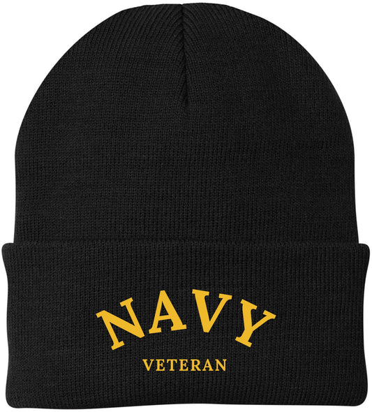 Navy Veteran Embroidered Beanie Hat | USA Military Patriotic 100% Acrylic Winter Knit Cap for Men & Women