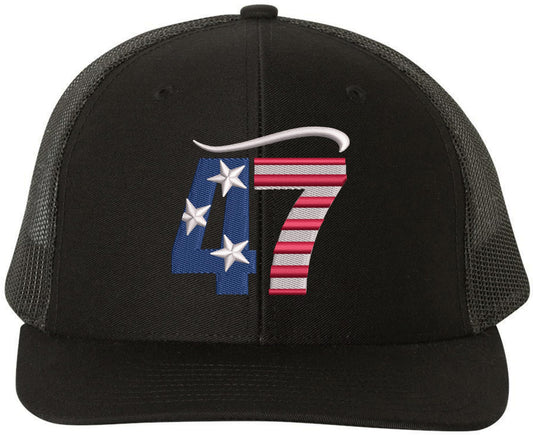 47 USA Flag Hair Top Embroidered Trucker Hat | Support President American Mesh Snapback Unisex Cap