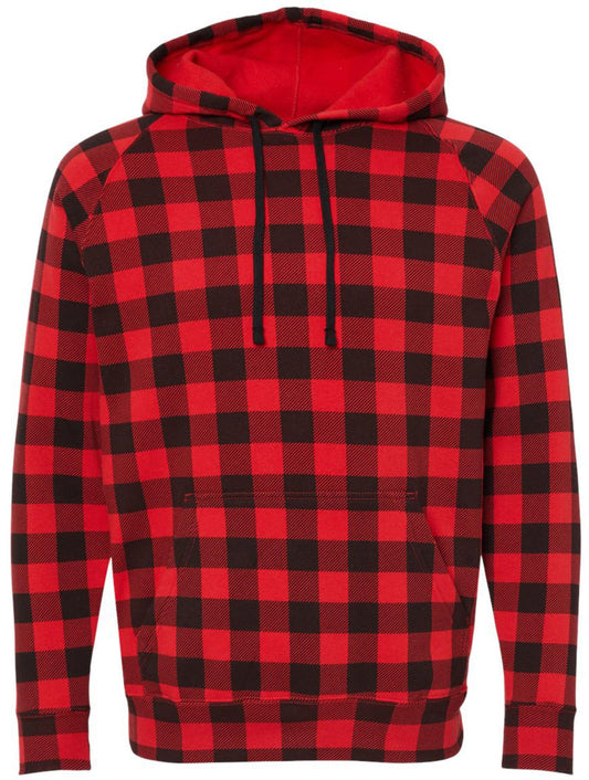 Red & Black Buffalo Check Plaid Sweatshirt, Slim Fit Raglan Pullover Lumberjack Hunters Outdoor Hoodie
