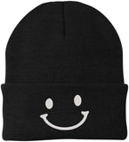 Smiley Face Outline Embroidered Beanie | Cute Knit Winter Hat | Unisex Warm Cuff Skull Cap for Men & Women