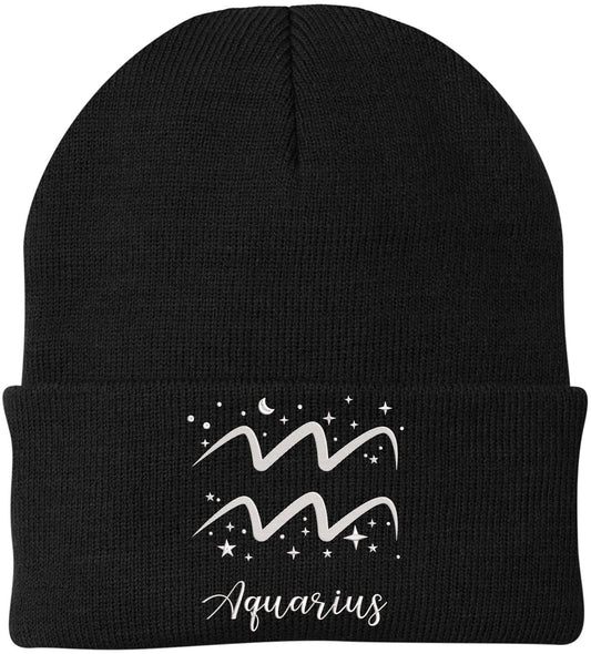 Zodiac Signs Embroidered Beanie | Acrylic Warm Skull Astrology Horoscope Monthly Symbols Designs Watch Cap, Black