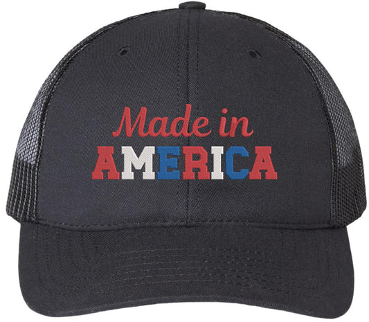 Made in America Embroidered Trucker Hat Patriotic USA Mesh Back Snapback Cap