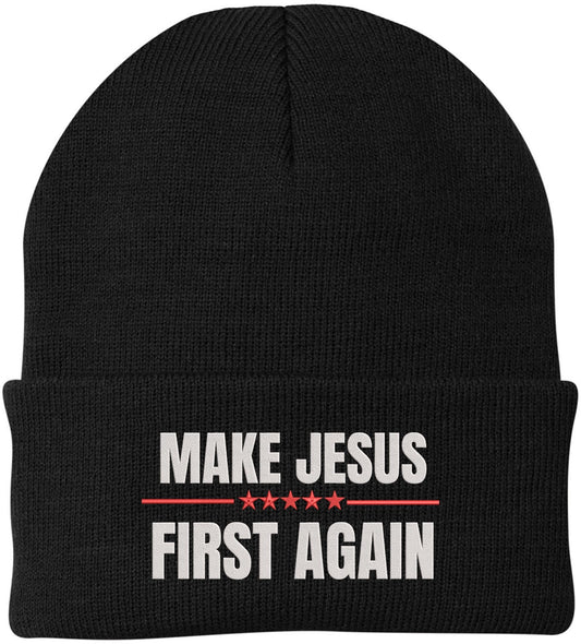 Make Jesus First Again Embroidered Beanie | MAGA Style Warm Knit Winter Skull Cap Religious Christian Hat