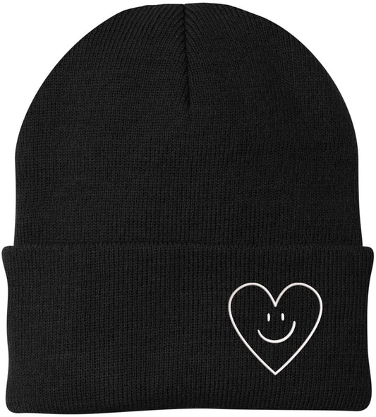 Heart Smiley Face Love Embroidered Beanie - Acrylic Knit Skull Cap