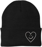 Heart Smiley Face Love Embroidered Beanie | Knit Warm Skull Cap Acrylic Hat Cute Gift for Boyfriend, Girlfriend & Loved Ones