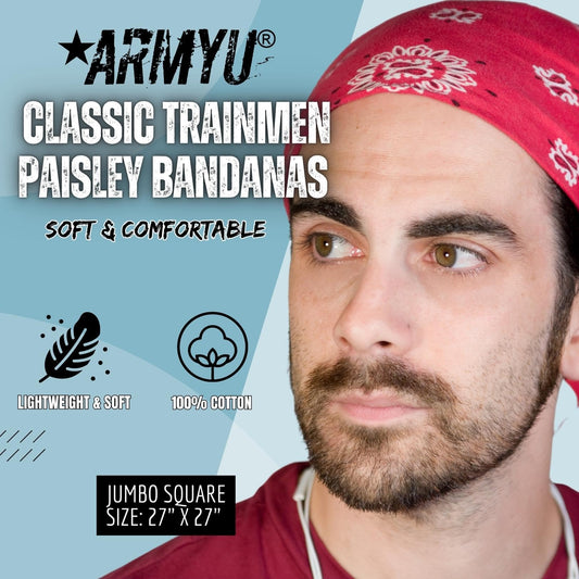 Trainmen Paisley 27" Jumbo Military Bandana Head Scarf Do-rag 100% Cotton Bandanna Face Cover 6-Pack