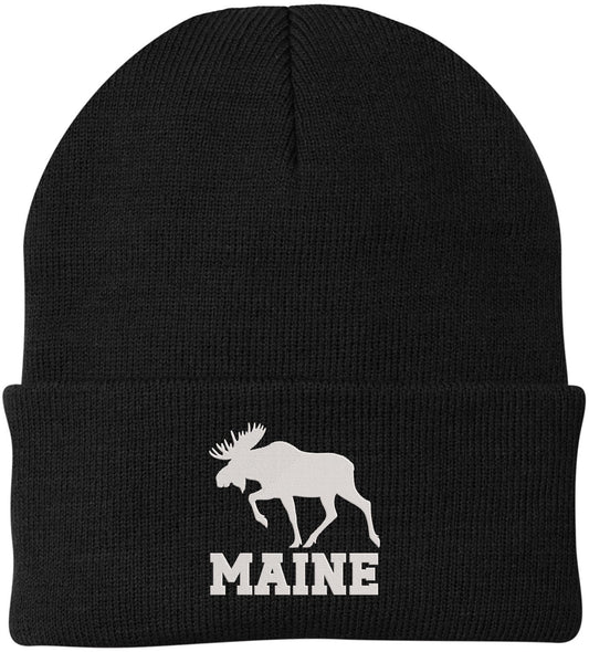 Maine Moose Embroidered Beanie Cap | USA Wildlife Graphic Warm Winter Knit 100% Acrylic Outdoor Adventure Hat