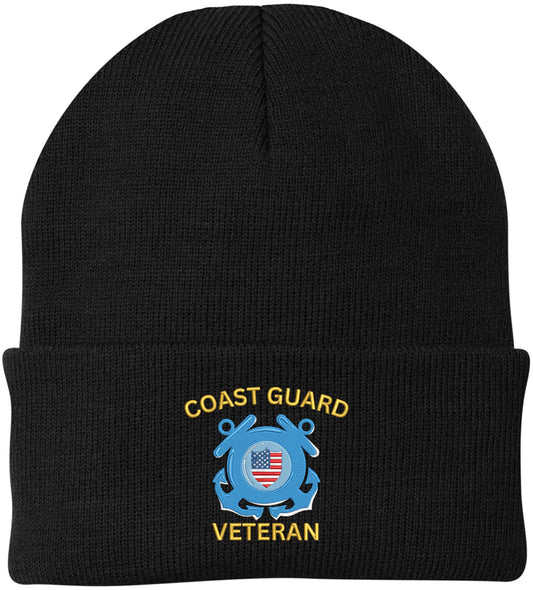 Coast Guard Veteran Embroidered Beanie | USA Military Patriotic Winter Knit Hat for Men & Women