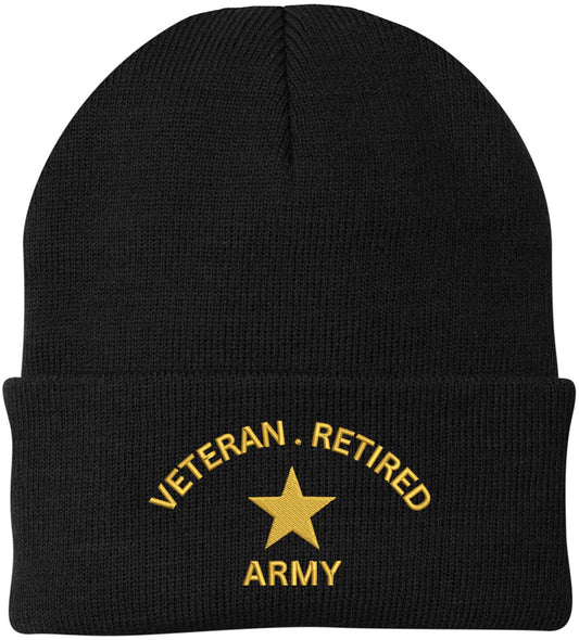 Veteran Retired Army Embroidered Beanie - 100% Acrylic Knit Cuffed Cap