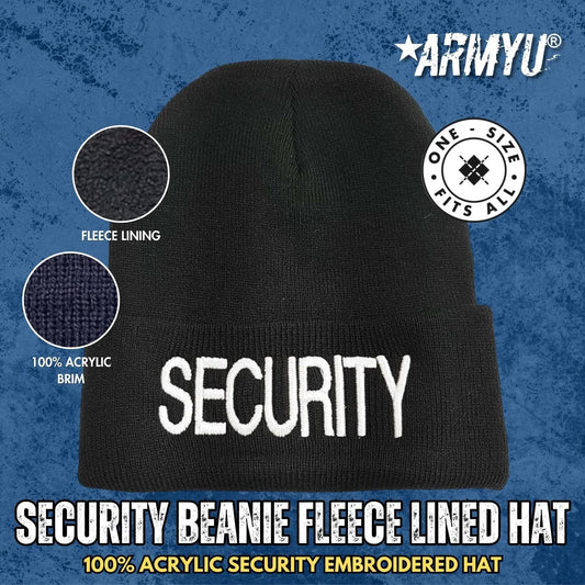 SECURITY Beanie FLEECE Lined Hat Warm LARGE EMBROIDERY Winter Watch Cap Winter Security Uniform Hat