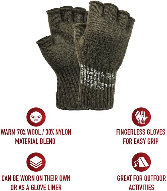 Olive Drab - Genuine GI Fingerless Gloves - Wool Nylon USA Made
