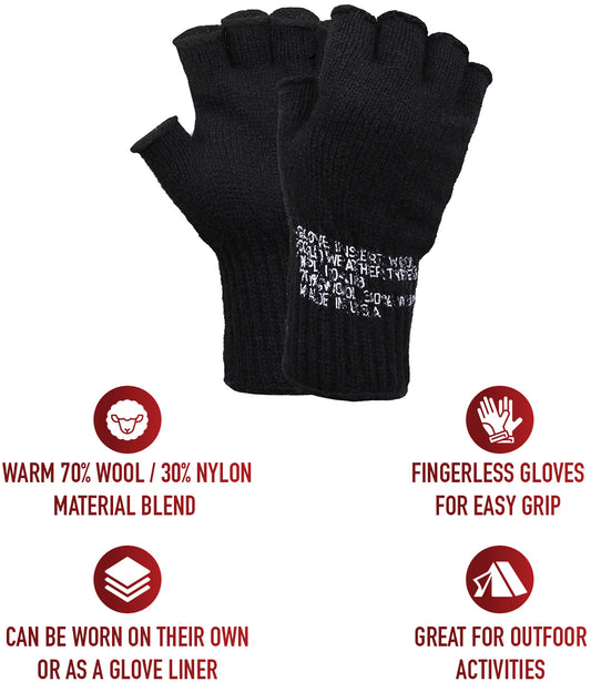 Black - Genuine GI Fingerless Gloves - Wool Nylon USA Made