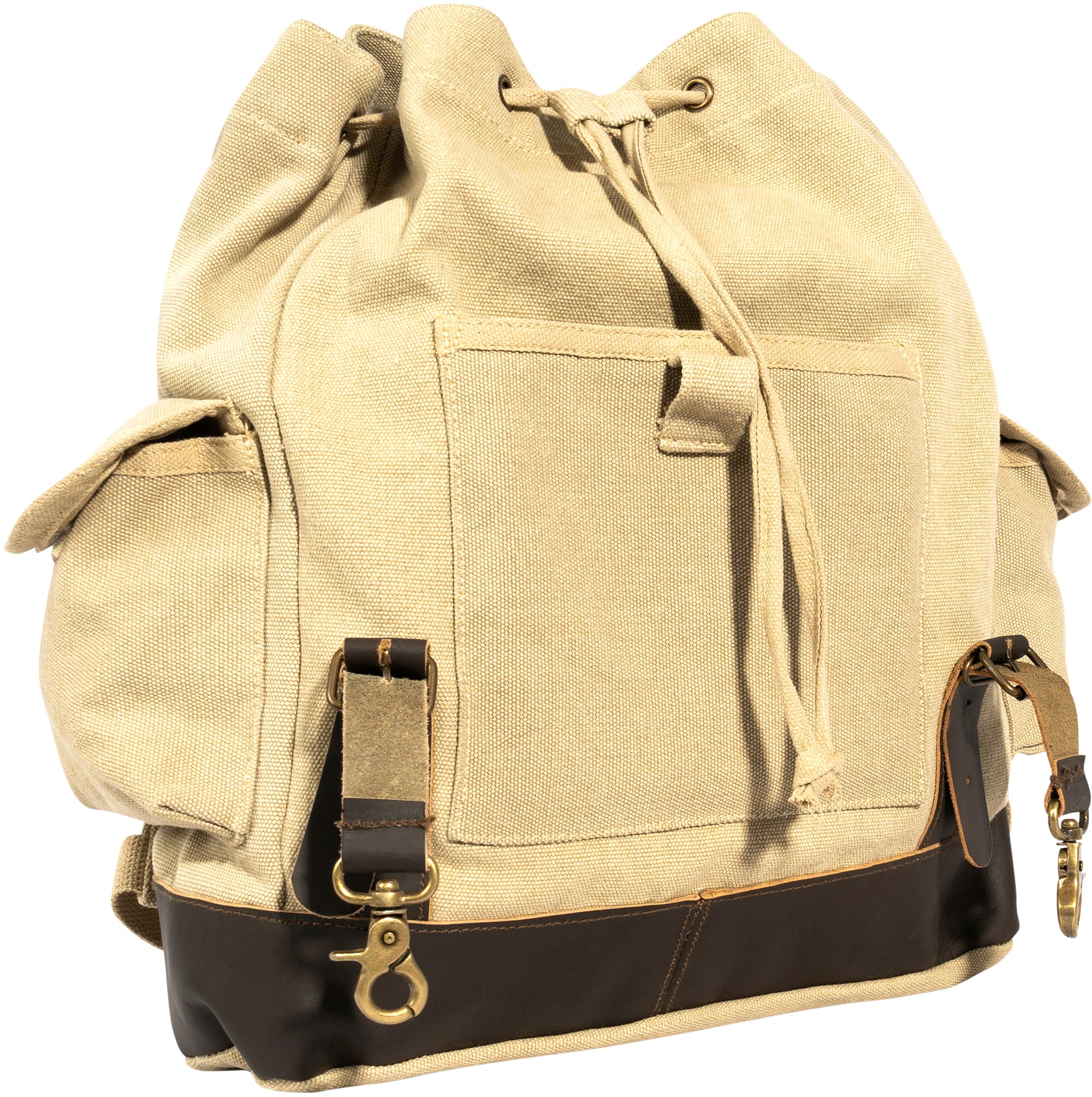 canvas backpack with leather trim Khaki Brown - Vintage Military Leather Trim Expedition Rucksack